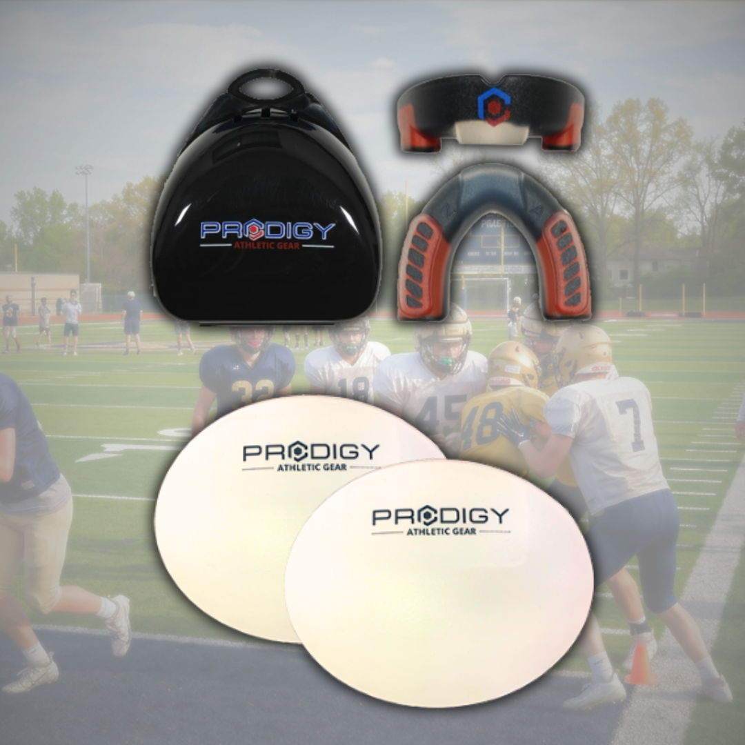 Prodigy Spring Ball Essentials Bundle — knee pads, mouthguard, and branded case on a football field